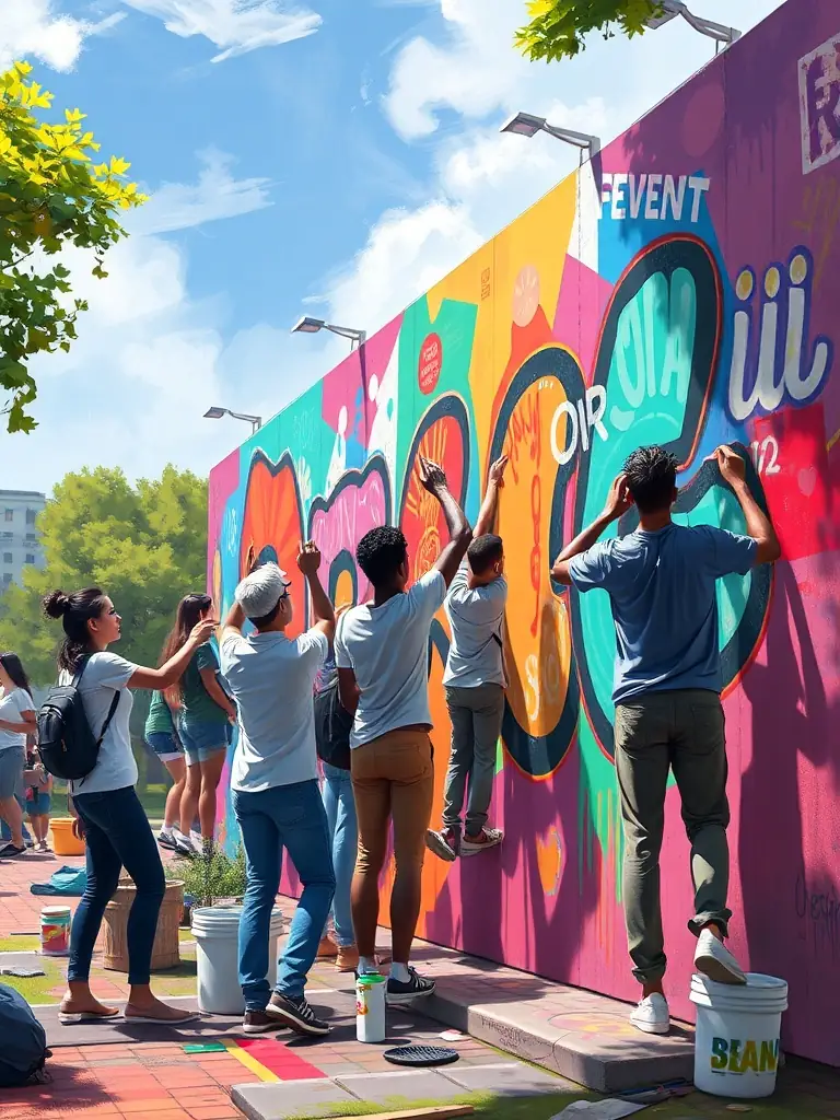 A collaborative art project in Saint-Michel-de-Volangis, France, where Back_Us members are working with local artists to create a mural celebrating the town's musical heritage, showcasing community engagement.
