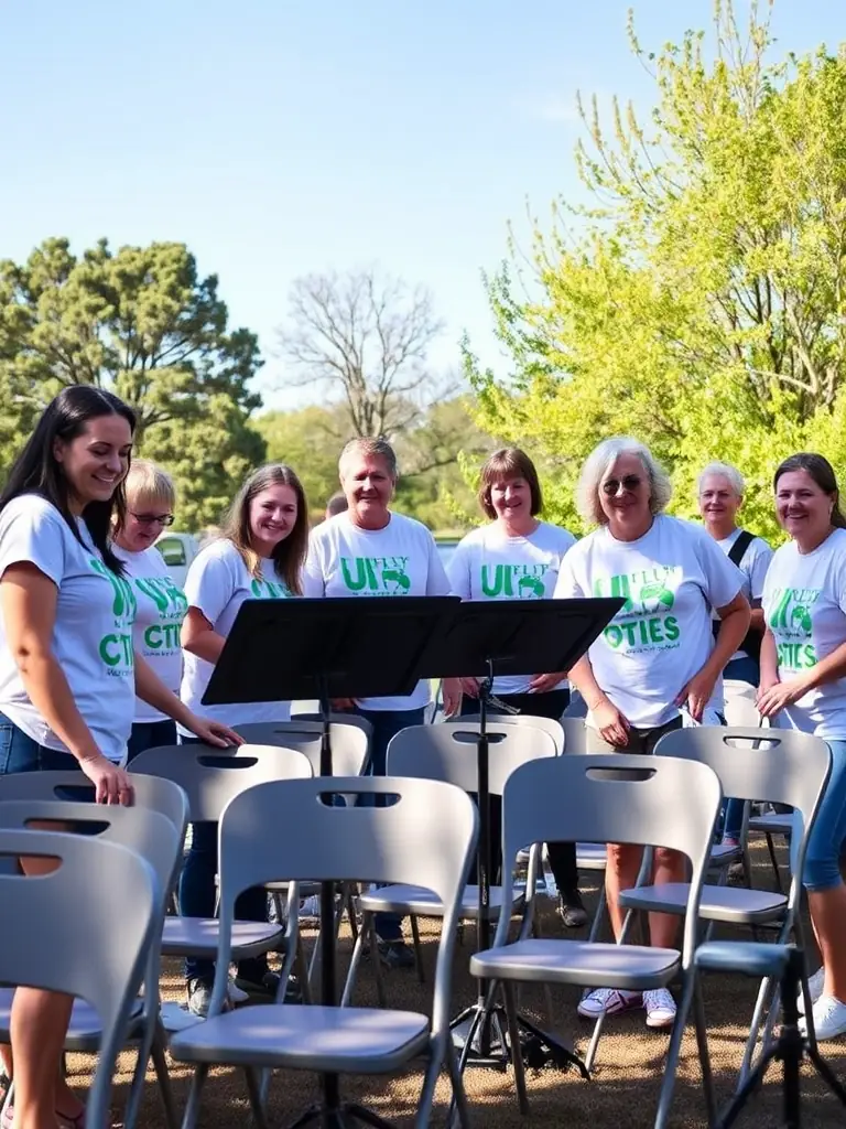 A photo of volunteers setting up for a musical event in a public park, showcasing the collaborative effort behind FRIENDS OF BACK US's community initiatives.