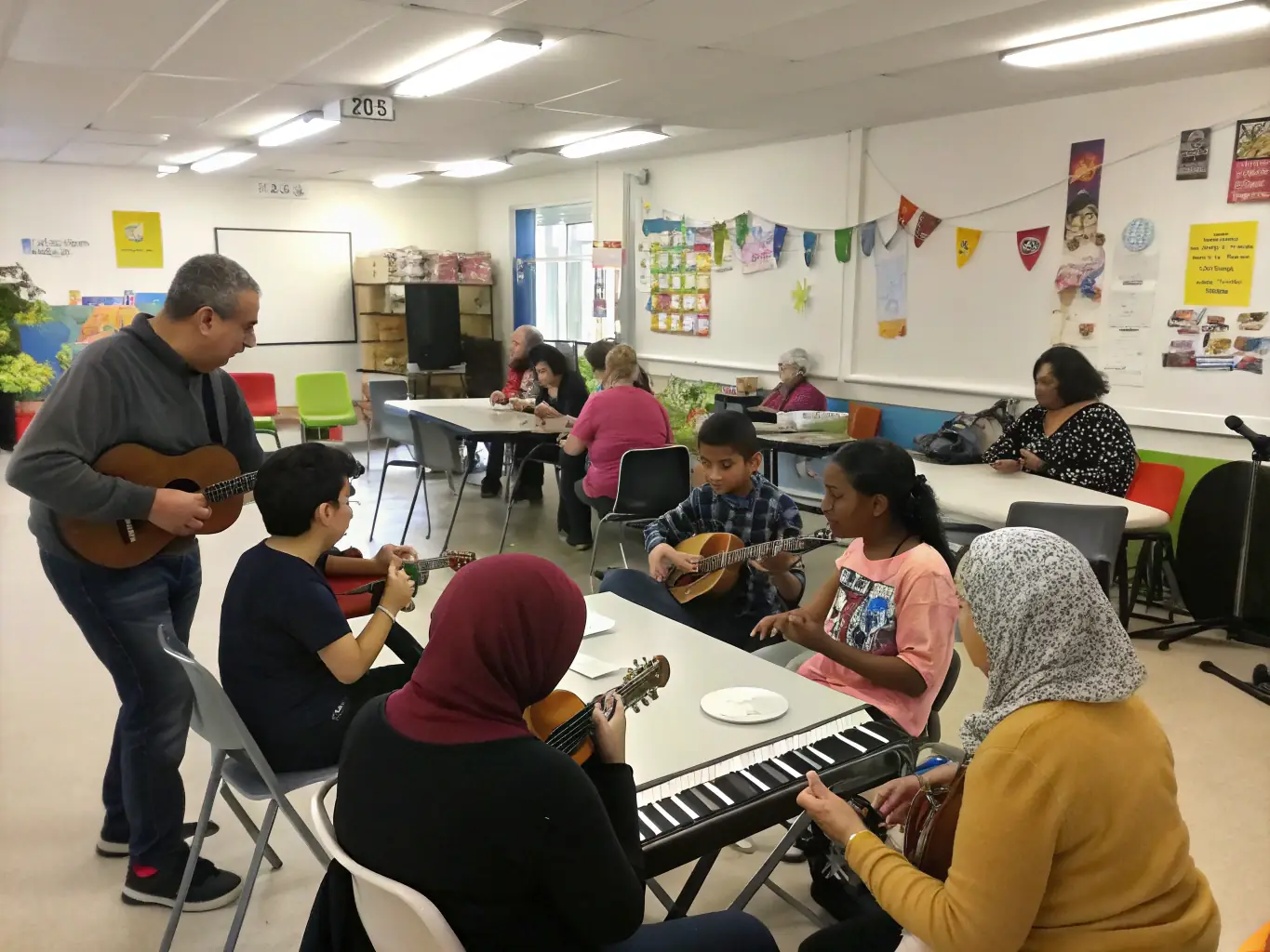 A vibrant image of a children's music workshop, with kids playing various instruments and a Back_Us musician guiding them, set in a community center.