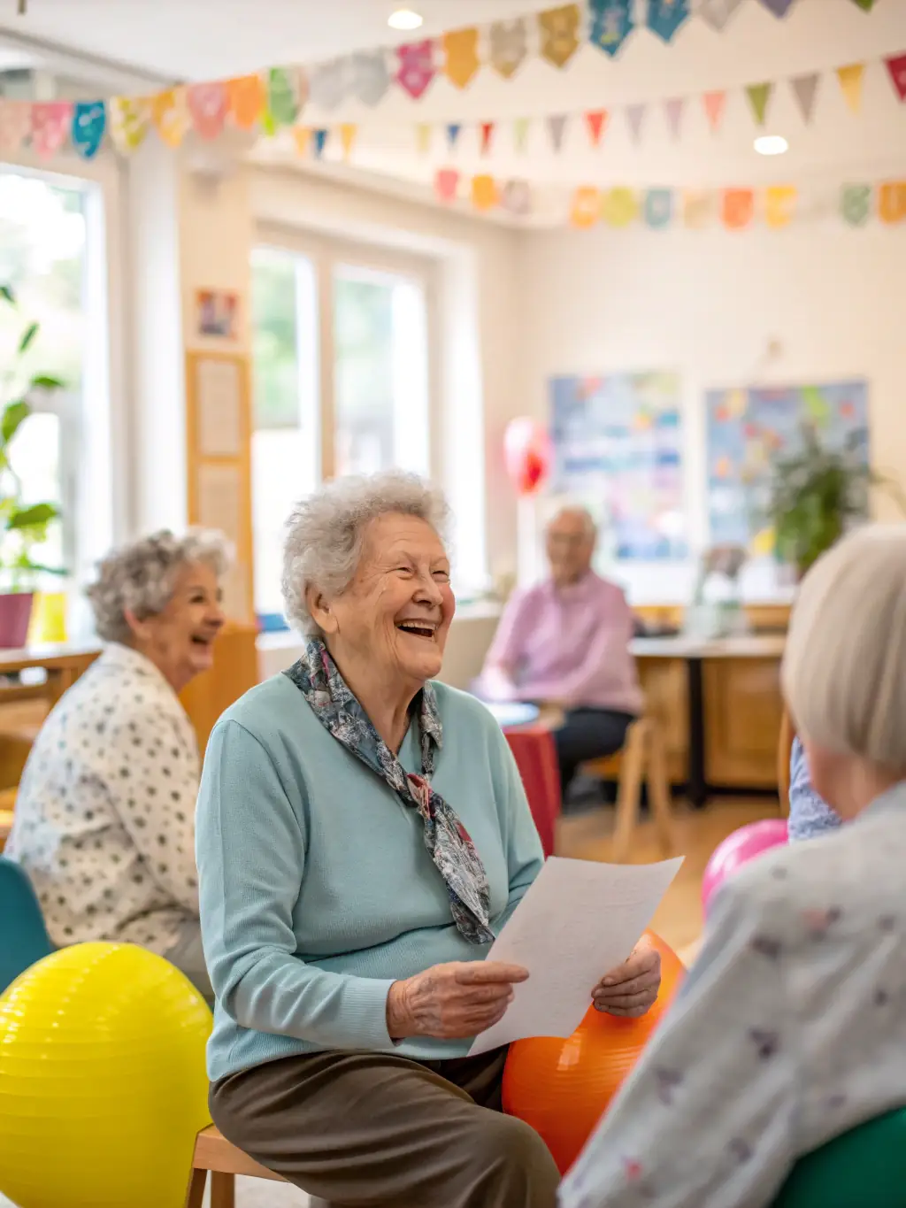 A heartwarming photo of elderly residents in a nursing home in Saint-Michel-de-Volangis, enjoying a private concert by members of the Back_Us musical group, highlighting the therapeutic power of music.