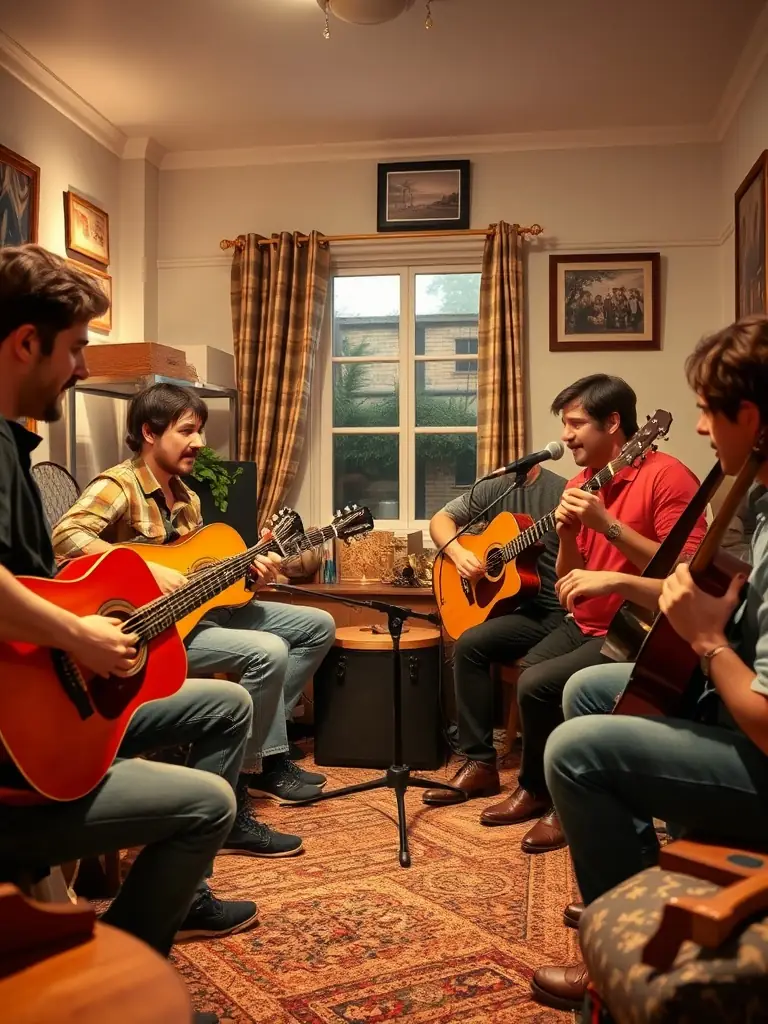 A collaborative scene of local musicians and international artists participating in a joint rehearsal, showcasing cultural exchange and artistic collaboration.