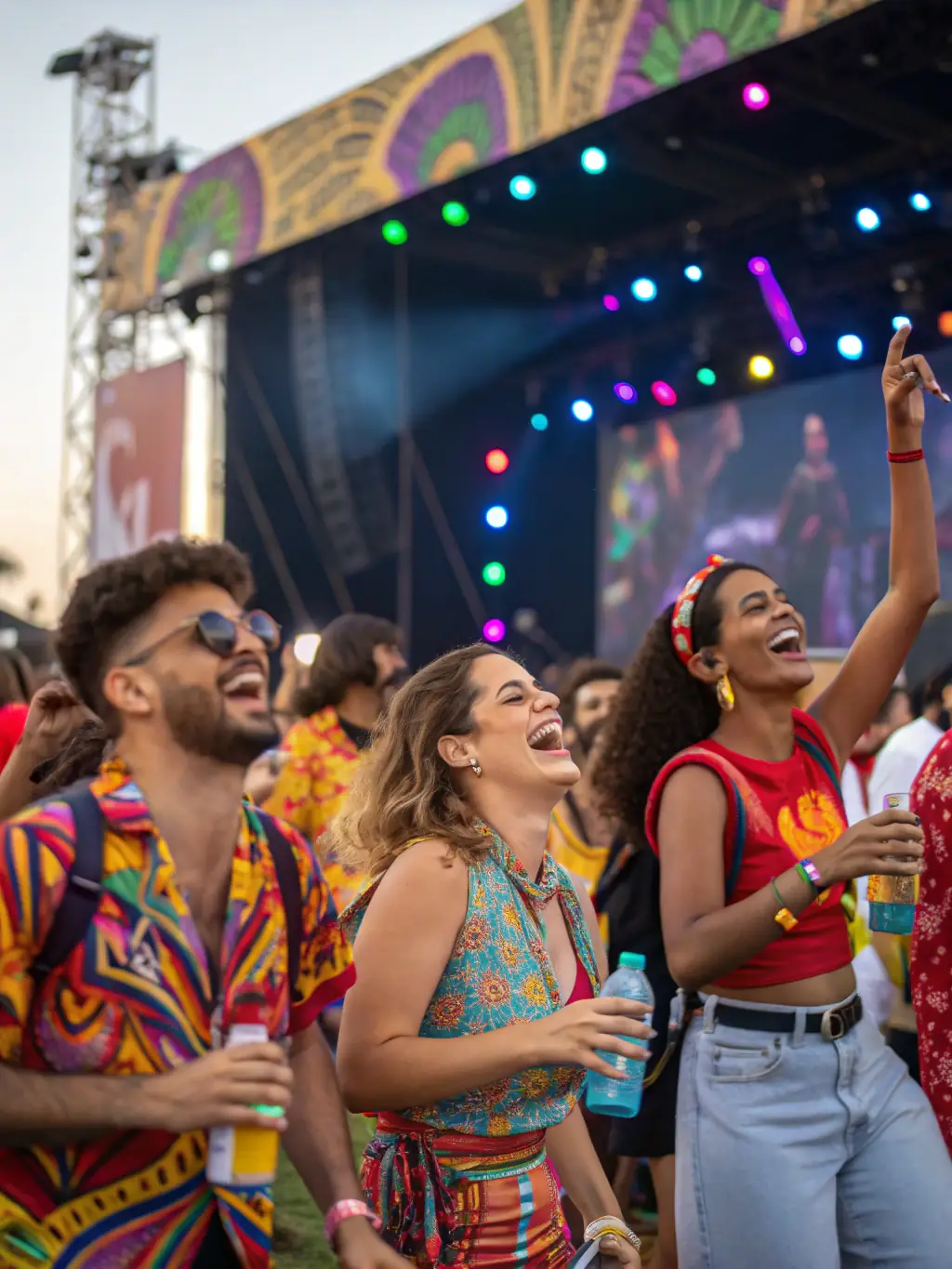A dynamic image of the Back_Us musical group performing live at a local community festival, with a diverse audience enjoying the performance.