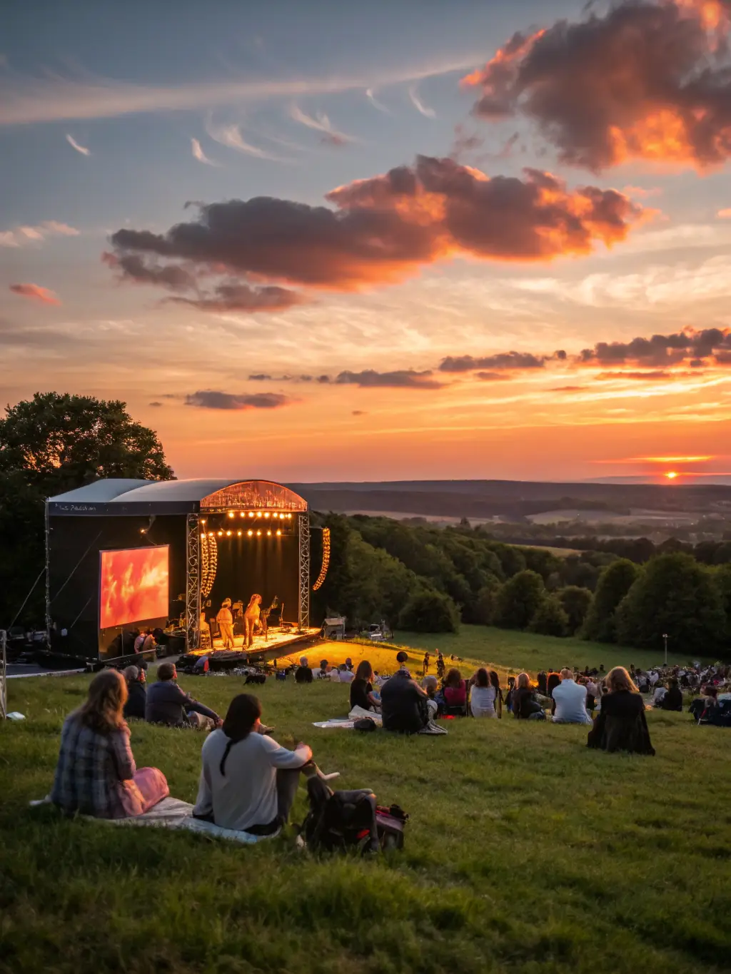 A dynamic image of the Back_Us musical group performing live on an outdoor stage during a community festival, with a diverse audience enjoying the show.