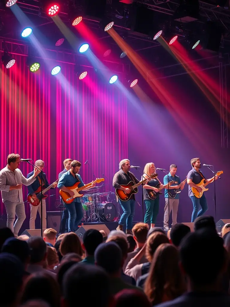 A dynamic image of the Back_Us musical group performing live at a local community event in Saint-Michel-de-Volangis, capturing the energy and excitement of the performance and the engagement of the audience.