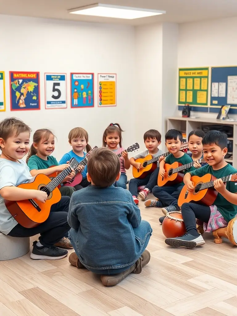 A vibrant photograph capturing a children's music workshop in Saint-Michel-de-Volangis, showcasing young participants enthusiastically playing instruments and engaging with instructors.