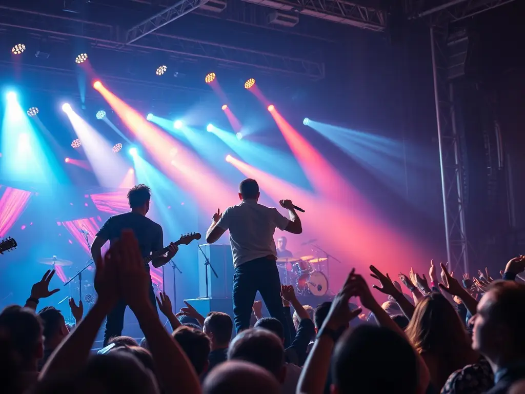 A dynamic image of the Back_Us musical group performing live on an outdoor stage, with an enthusiastic audience enjoying the show.