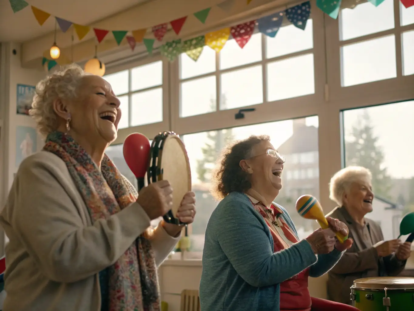 A heartwarming image of Back_Us musicians collaborating with senior citizens in a nursing home, playing familiar tunes and creating a joyful atmosphere.