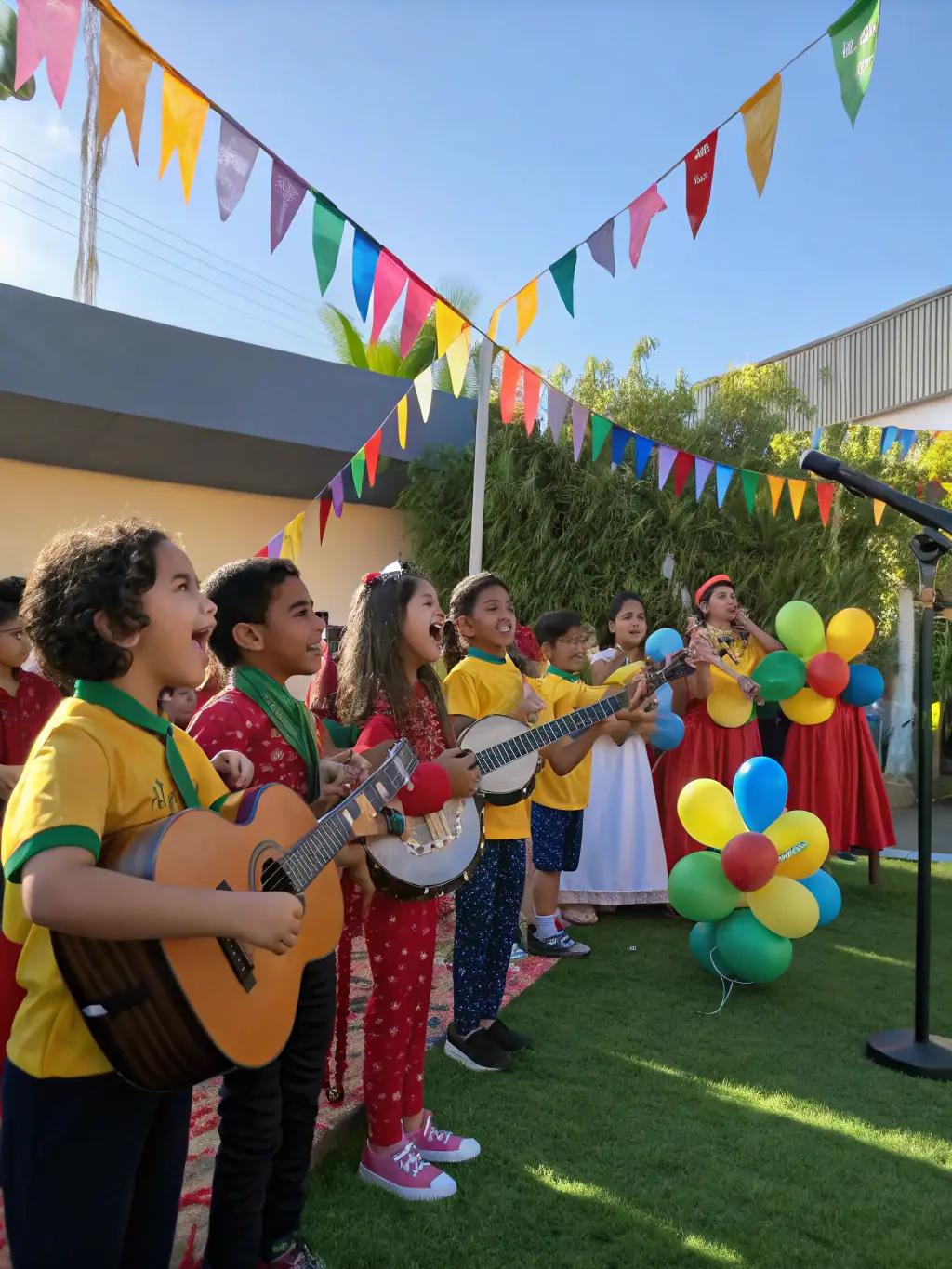 A vibrant photograph capturing a children's music workshop in Saint-Michel-de-Volangis, France, showcasing young participants enthusiastically playing various instruments under the guidance of a Back_Us instructor, emphasizing the joy of learning music.