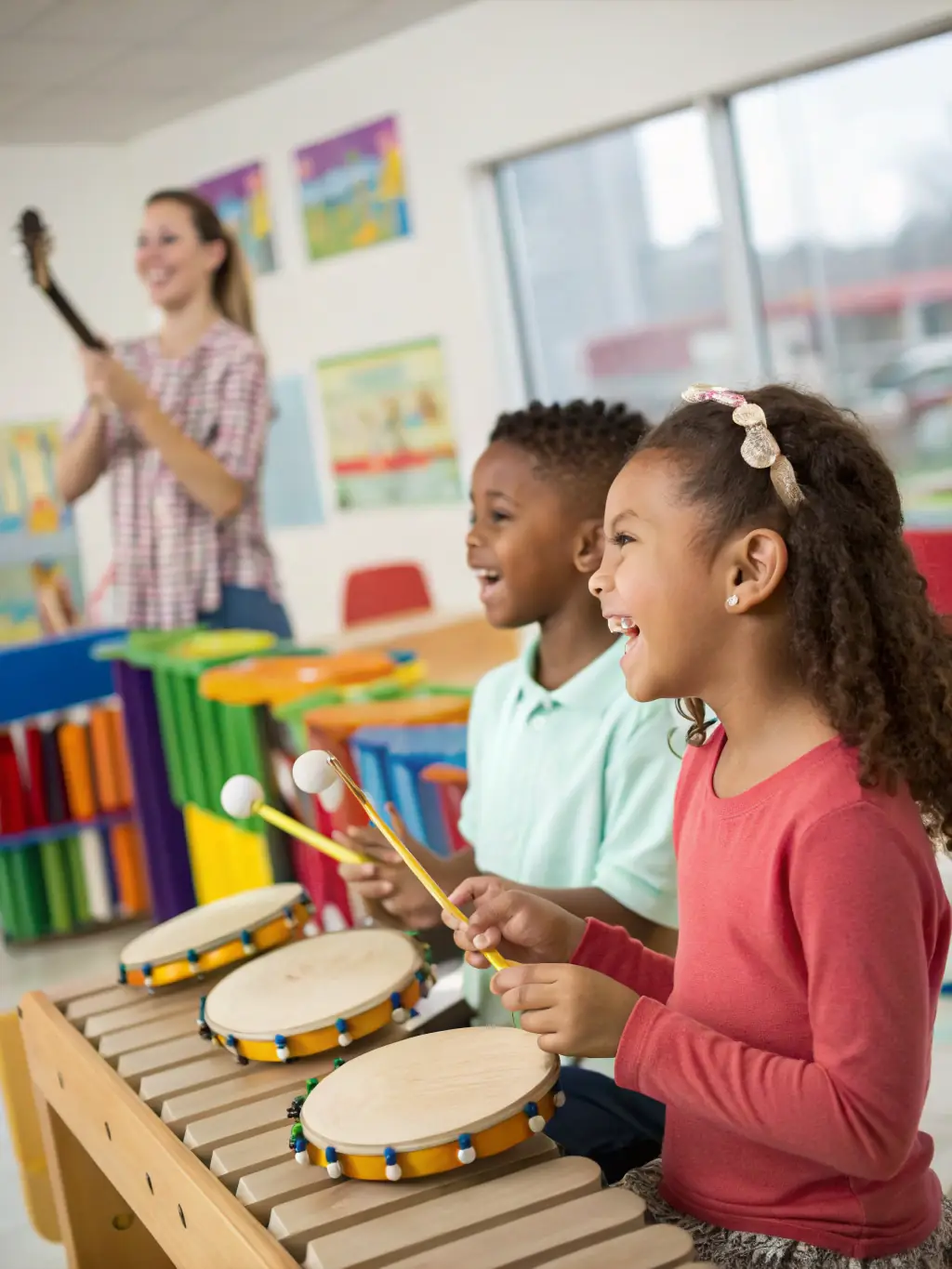 A vibrant photo of a children's music workshop led by FRIENDS OF BACK US, showing kids playing various instruments and smiling, set in a community center.